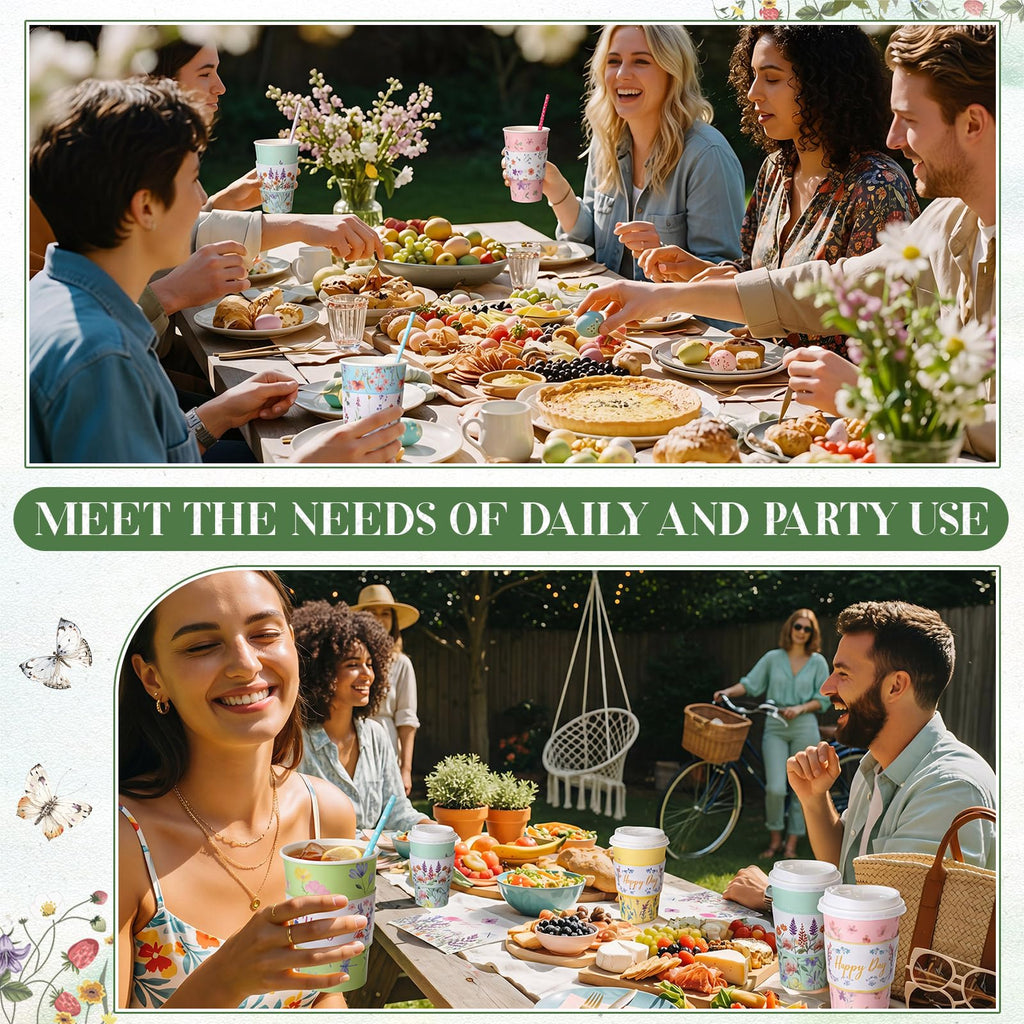 Nuogo 400pcs/100set 16 oz Vintage Floral Disposable Coffee Cups with Lids Sleeves Straws Napkins, Spring/Summer Party Tea Wedding Baby Shower Bulk Paper Cups for Hot Cold Drinks