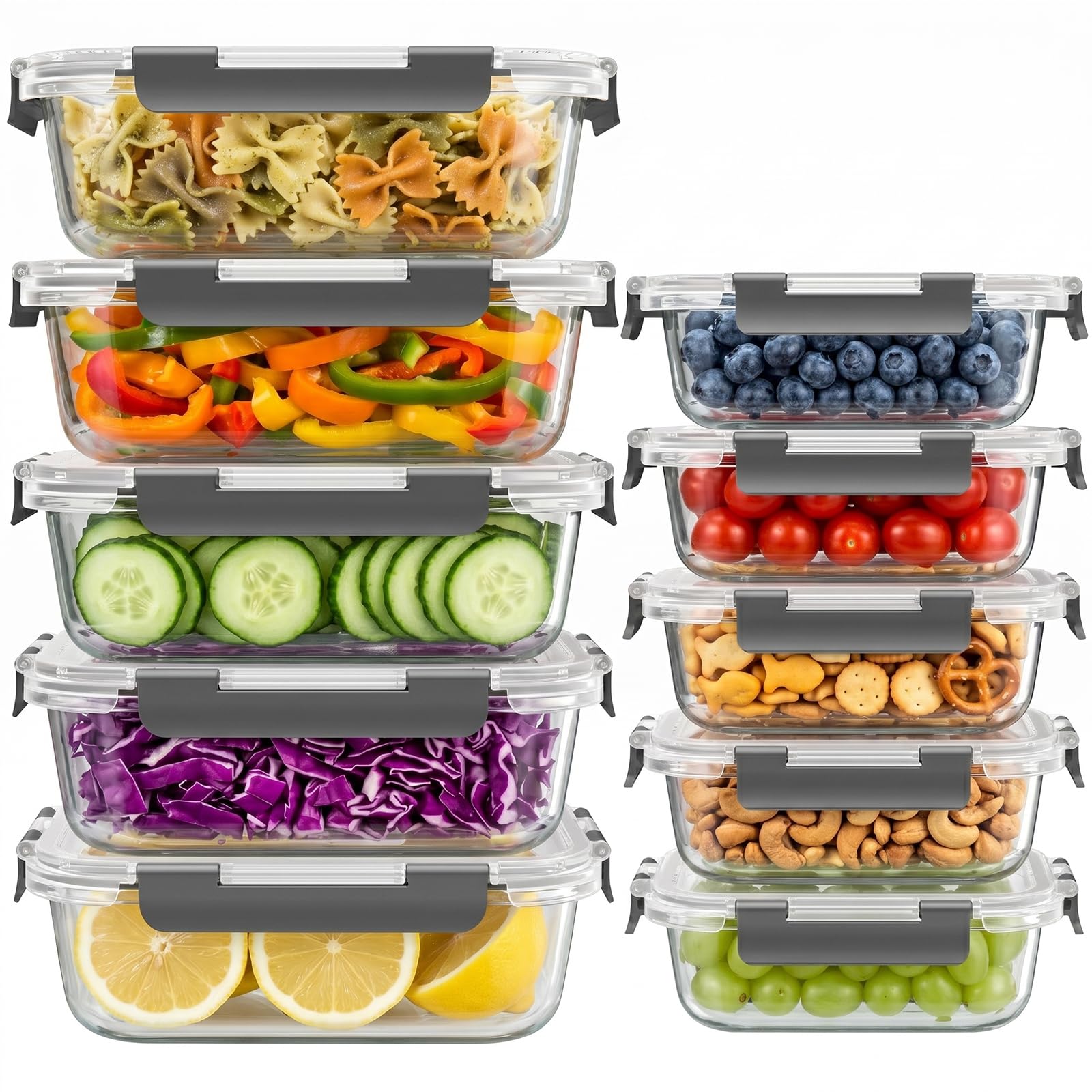 Dealusy 10 Sets (20-Piece) 36 oz & 12 oz Glass Food Storage Containers with lids, Airtight Leak-proof Glass Meal Prep Containers with Lids, Microwave Oven Freezer Dishwasher Safe, Gray