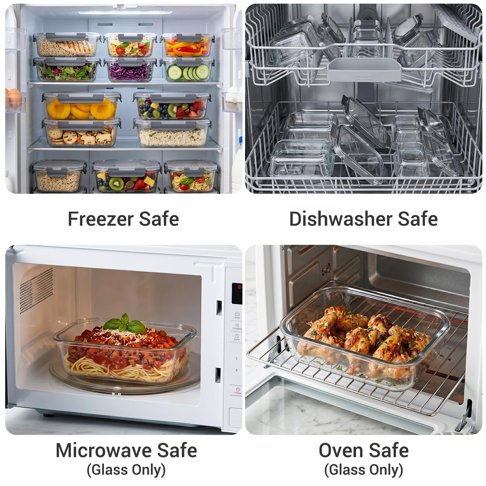 Dealusy 10 Sets (20-Piece) 36 oz & 12 oz Glass Food Storage Containers with lids, Airtight Leak-proof Glass Meal Prep Containers with Lids, Microwave Oven Freezer Dishwasher Safe, Gray