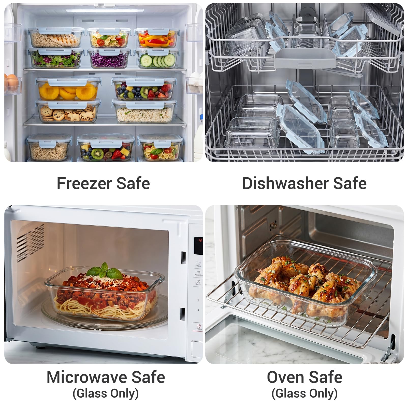 Dealusy 10 Sets (20-Piece) 36 oz & 12 oz Glass Food Storage Containers with lids, Airtight Leak-proof Glass Meal Prep Containers with Lids, Microwave Oven Freezer Dishwasher Safe, Gray