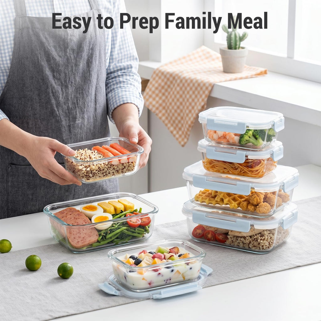 Dealusy 10 Sets (20-Piece) 36 oz & 12 oz Glass Food Storage Containers with lids, Airtight Leak-proof Glass Meal Prep Containers with Lids, Microwave Oven Freezer Dishwasher Safe, Gray