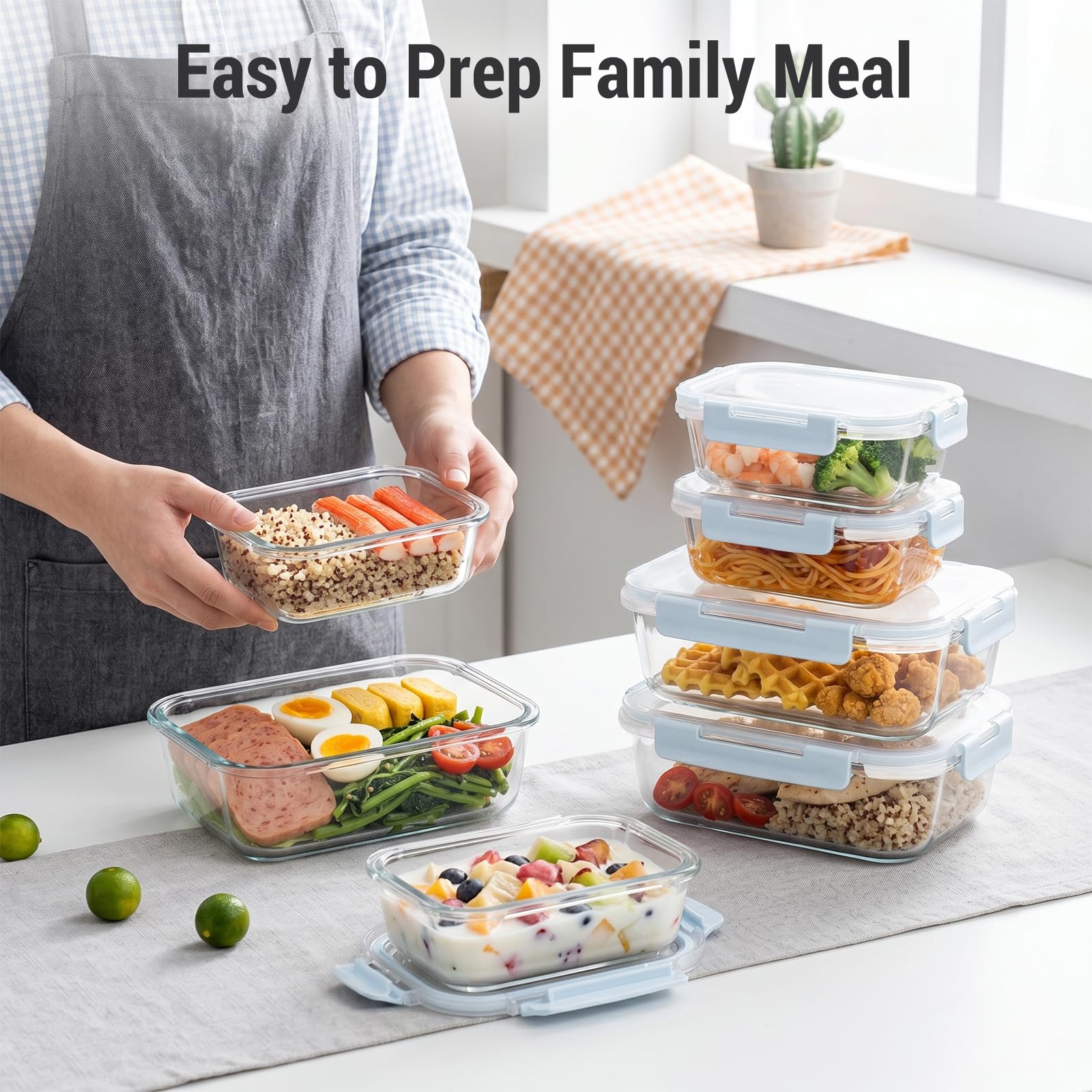 Dealusy 10 Sets (20-Piece) 36 oz & 12 oz Glass Food Storage Containers with lids, Airtight Leak-proof Glass Meal Prep Containers with Lids, Microwave Oven Freezer Dishwasher Safe, Gray