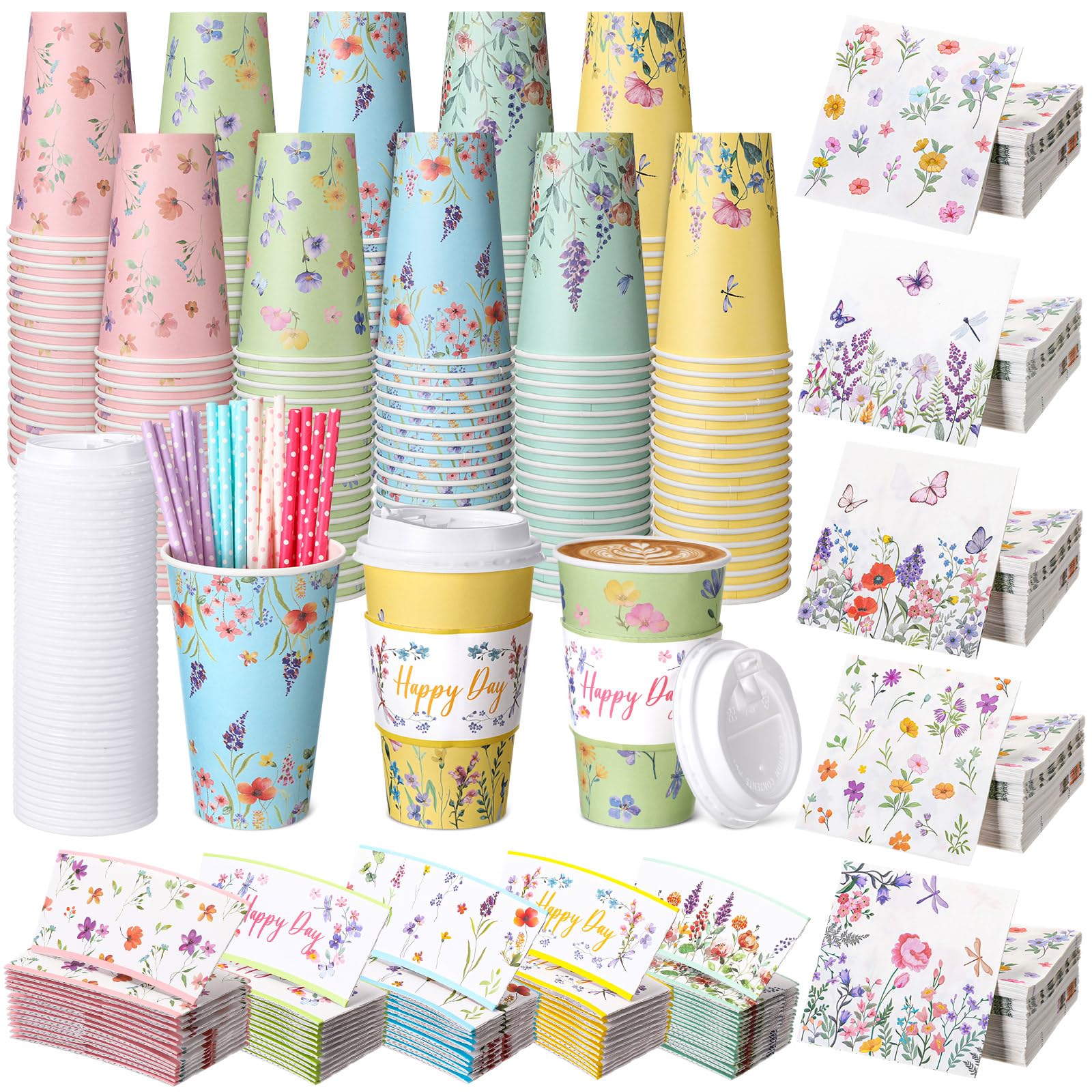 Nuogo 400pcs/100set 16 oz Vintage Floral Disposable Coffee Cups with Lids Sleeves Straws Napkins, Spring/Summer Party Tea Wedding Baby Shower Bulk Paper Cups for Hot Cold Drinks