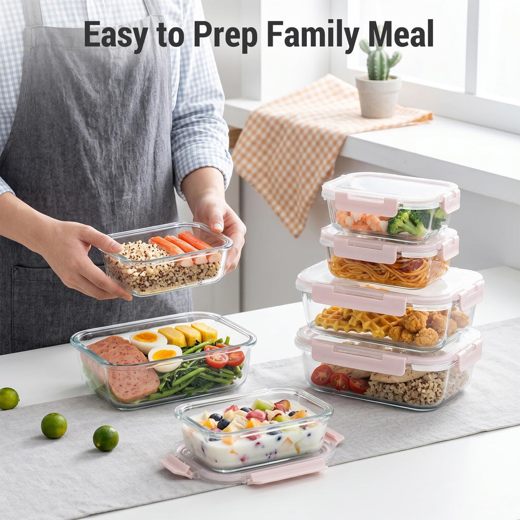 Dealusy 10 Sets (20-Piece) 36 oz & 12 oz Glass Food Storage Containers with lids, Airtight Leak-proof Glass Meal Prep Containers with Lids, Microwave Oven Freezer Dishwasher Safe, Gray