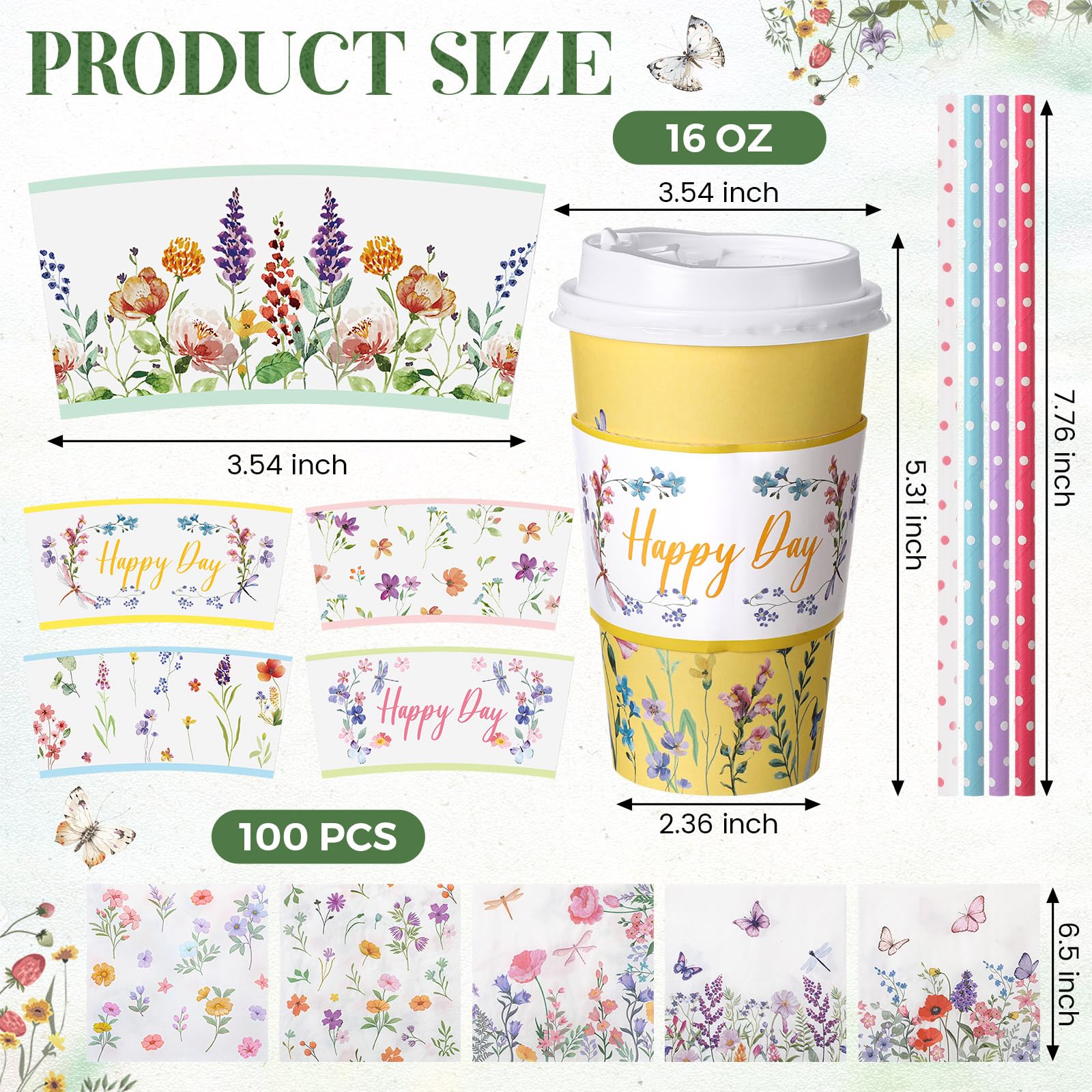 Nuogo 400pcs/100set 16 oz Vintage Floral Disposable Coffee Cups with Lids Sleeves Straws Napkins, Spring/Summer Party Tea Wedding Baby Shower Bulk Paper Cups for Hot Cold Drinks