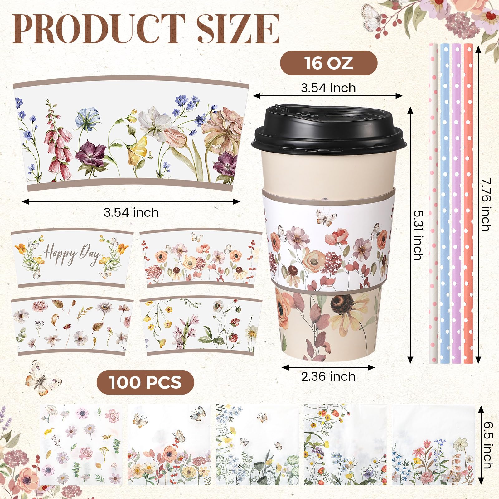 Nuogo 400pcs/100set 16 oz Vintage Floral Disposable Coffee Cups with Lids Sleeves Straws Napkins, Spring/Summer Party Tea Wedding Baby Shower Bulk Paper Cups for Hot Cold Drinks