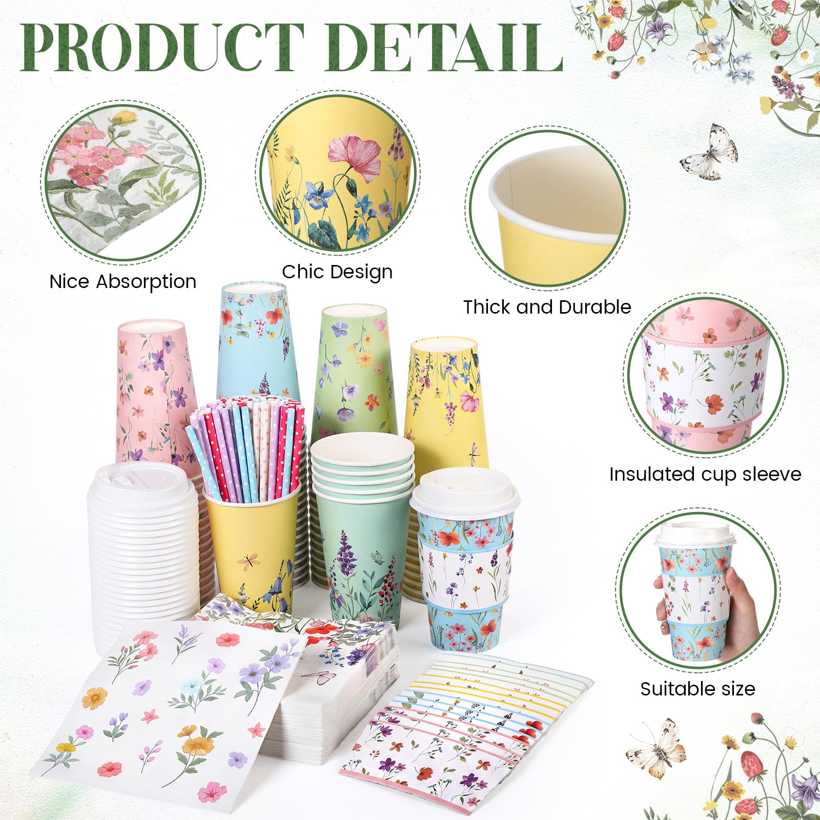 Nuogo 400pcs/100set 16 oz Vintage Floral Disposable Coffee Cups with Lids Sleeves Straws Napkins, Spring/Summer Party Tea Wedding Baby Shower Bulk Paper Cups for Hot Cold Drinks