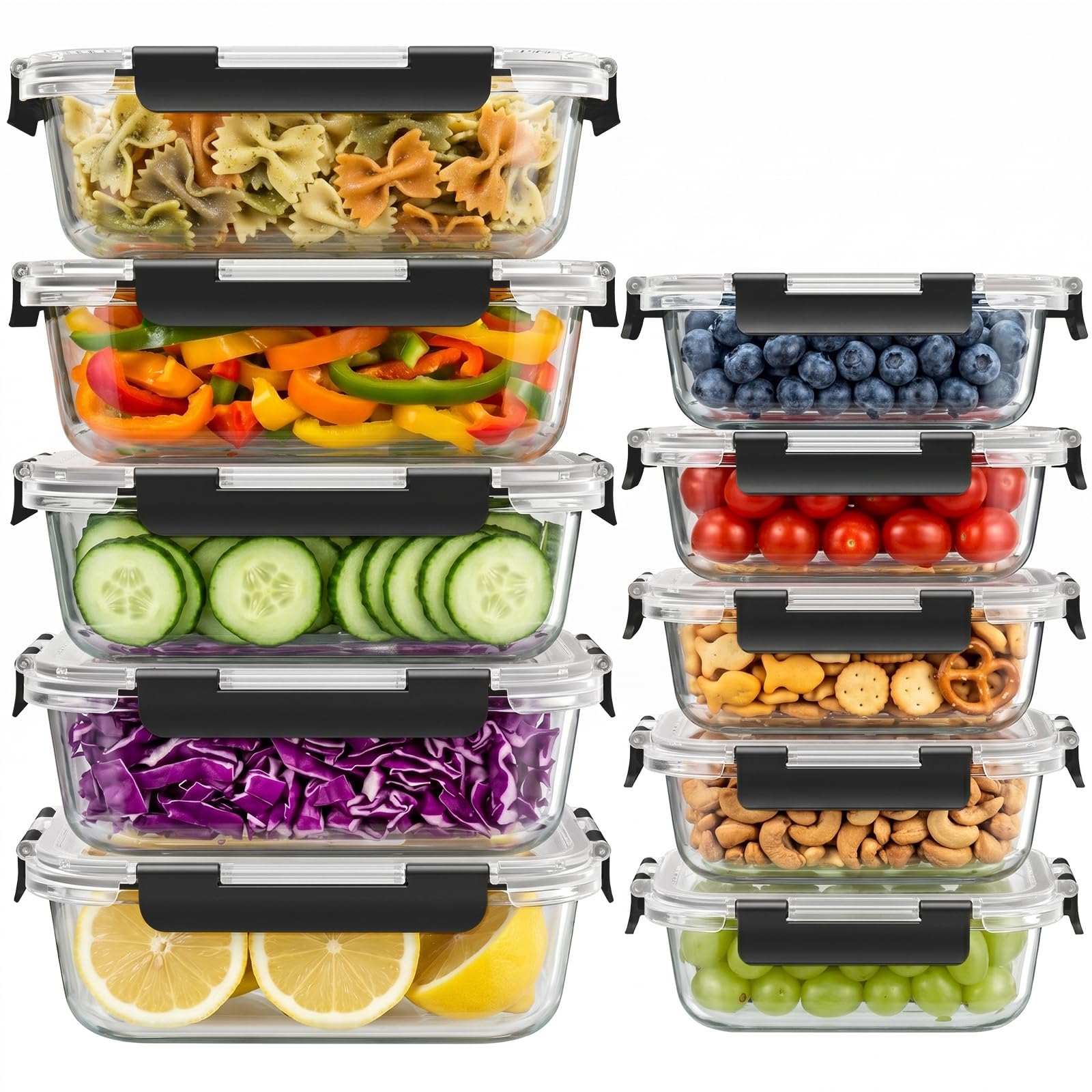 Dealusy 10 Sets (20-Piece) 36 oz & 12 oz Glass Food Storage Containers with lids, Airtight Leak-proof Glass Meal Prep Containers with Lids, Microwave Oven Freezer Dishwasher Safe, Gray