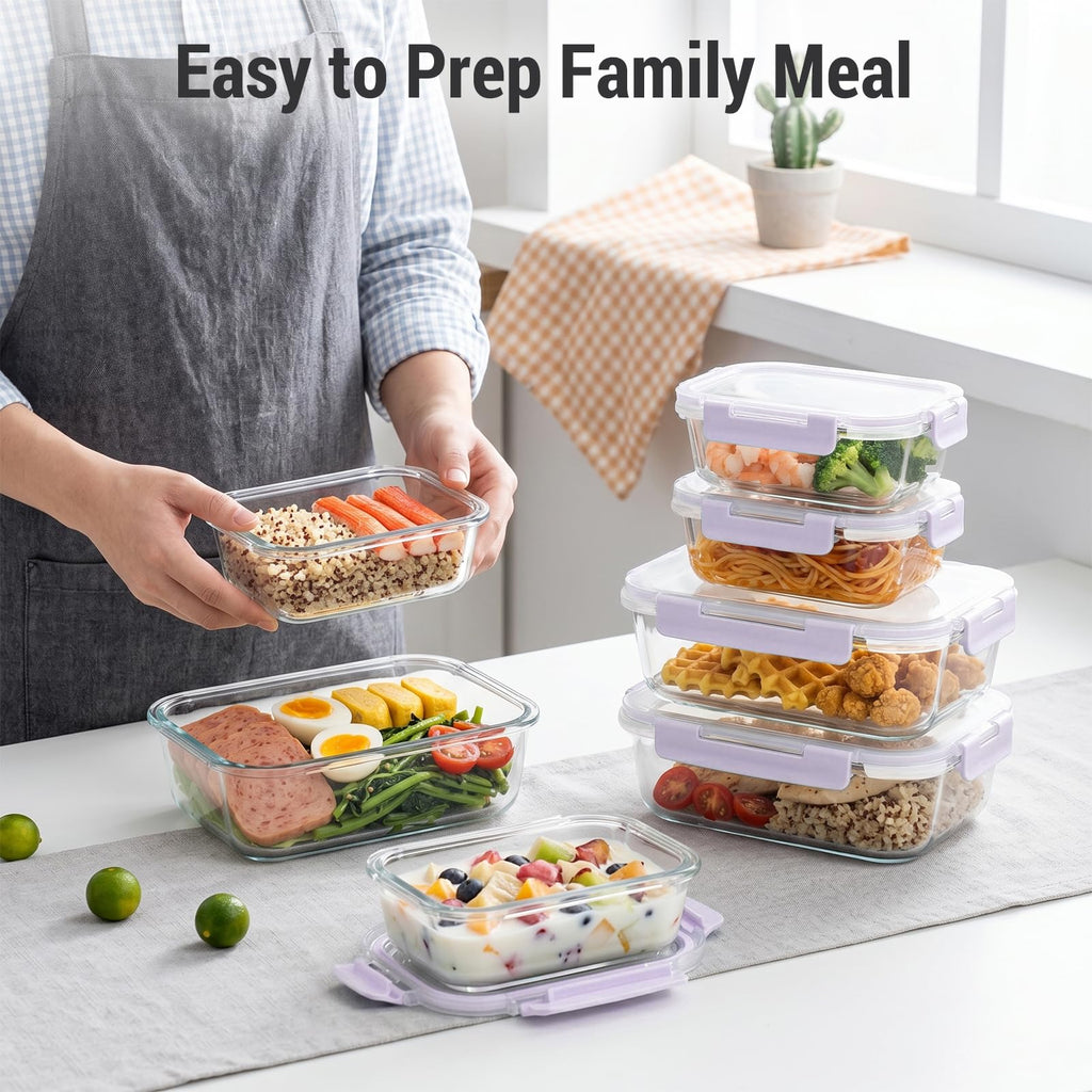 Dealusy 10 Sets (20-Piece) 36 oz & 12 oz Glass Food Storage Containers with lids, Airtight Leak-proof Glass Meal Prep Containers with Lids, Microwave Oven Freezer Dishwasher Safe, Gray