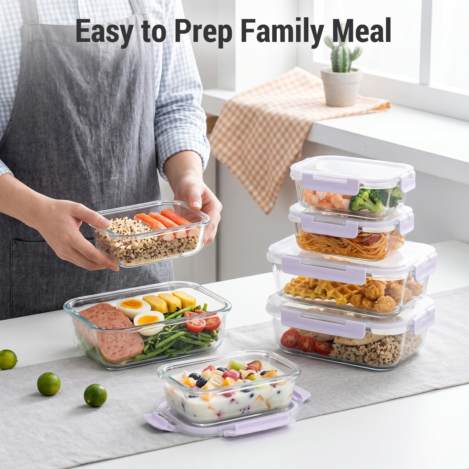 Dealusy 10 Sets (20-Piece) 36 oz & 12 oz Glass Food Storage Containers with lids, Airtight Leak-proof Glass Meal Prep Containers with Lids, Microwave Oven Freezer Dishwasher Safe, Gray
