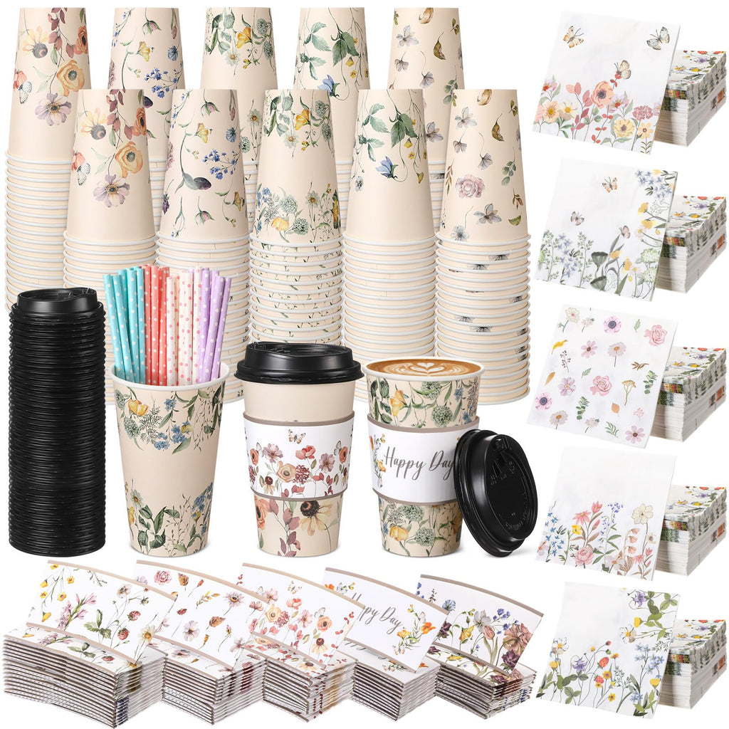 Nuogo 400pcs/100set 16 oz Vintage Floral Disposable Coffee Cups with Lids Sleeves Straws Napkins, Spring/Summer Party Tea Wedding Baby Shower Bulk Paper Cups for Hot Cold Drinks