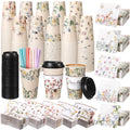 Nuogo 400pcs/100set 16 oz Vintage Floral Disposable Coffee Cups with Lids Sleeves Straws Napkins, Spring/Summer Party Tea Wedding Baby Shower Bulk Paper Cups for Hot Cold Drinks