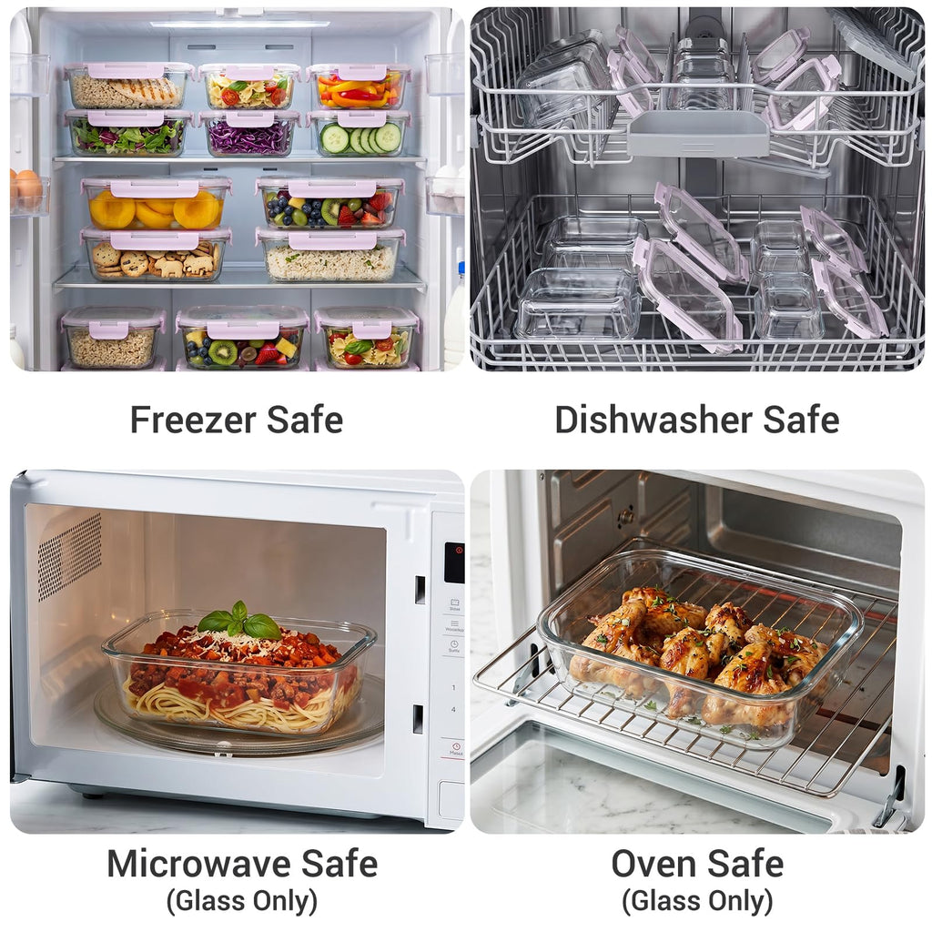 Dealusy 10 Sets (20-Piece) 36 oz & 12 oz Glass Food Storage Containers with lids, Airtight Leak-proof Glass Meal Prep Containers with Lids, Microwave Oven Freezer Dishwasher Safe, Gray