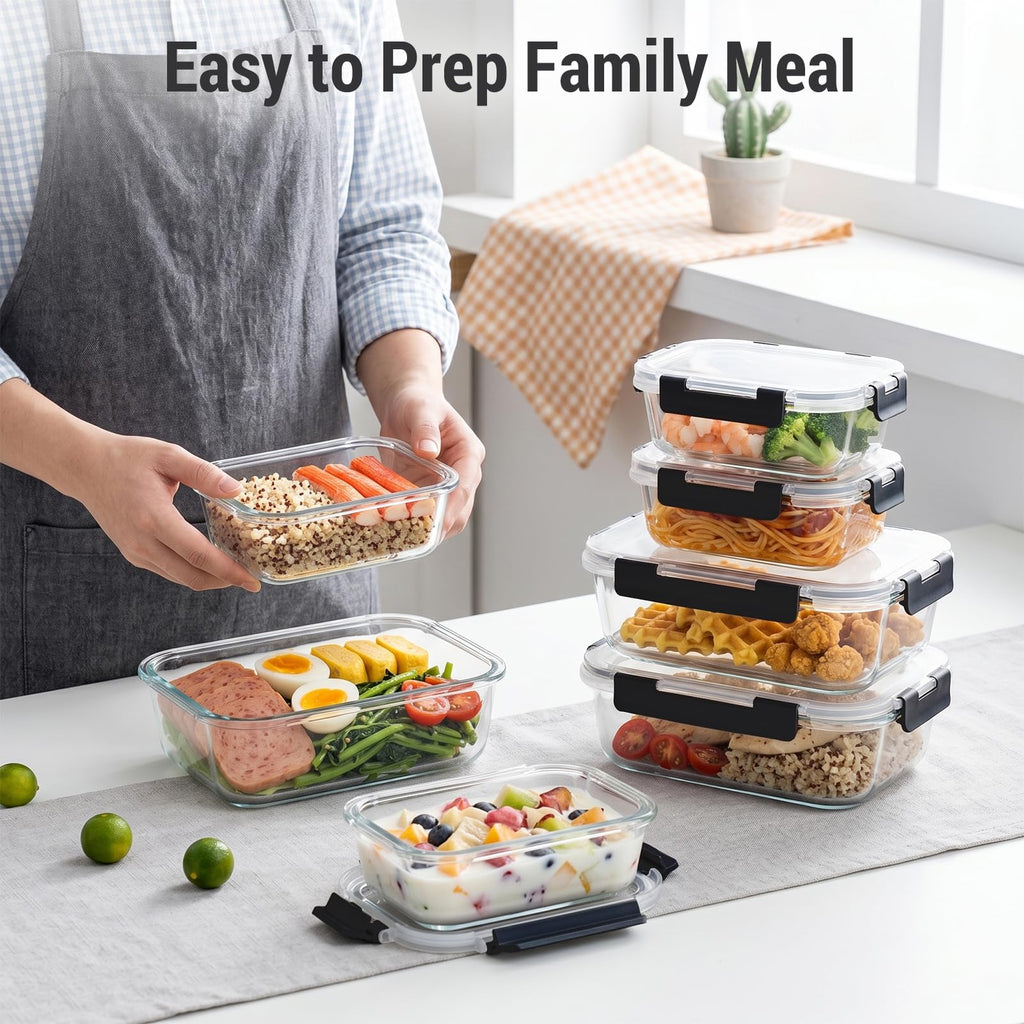 Dealusy 10 Sets (20-Piece) 36 oz & 12 oz Glass Food Storage Containers with lids, Airtight Leak-proof Glass Meal Prep Containers with Lids, Microwave Oven Freezer Dishwasher Safe, Gray
