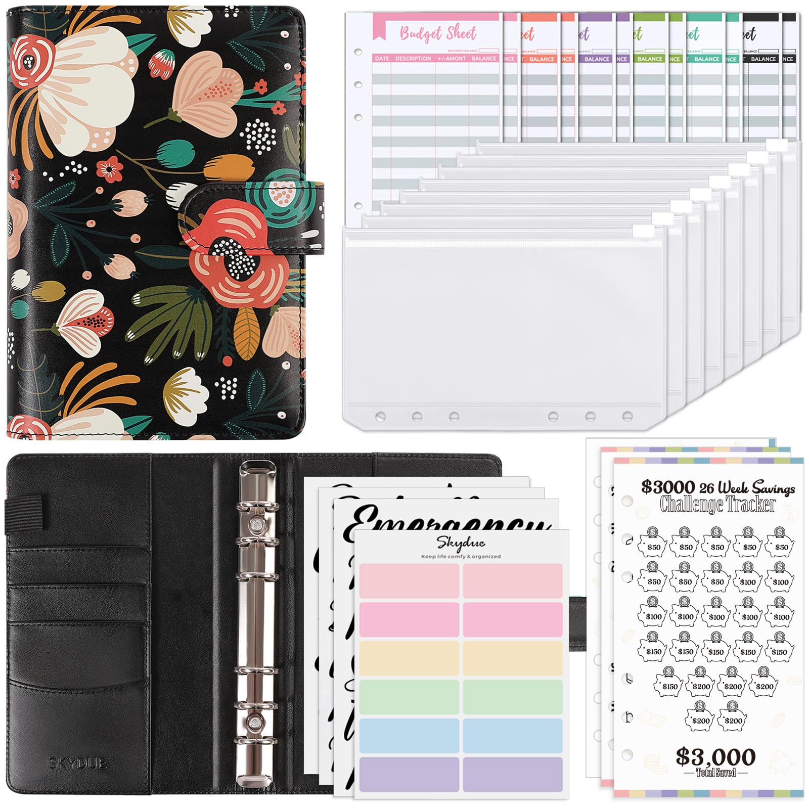 SKYDUE Budget Binder, Money Saving Binder with Zipper Envelopes, Cash Envelopes and Expense Budget Sheets for Budgeting