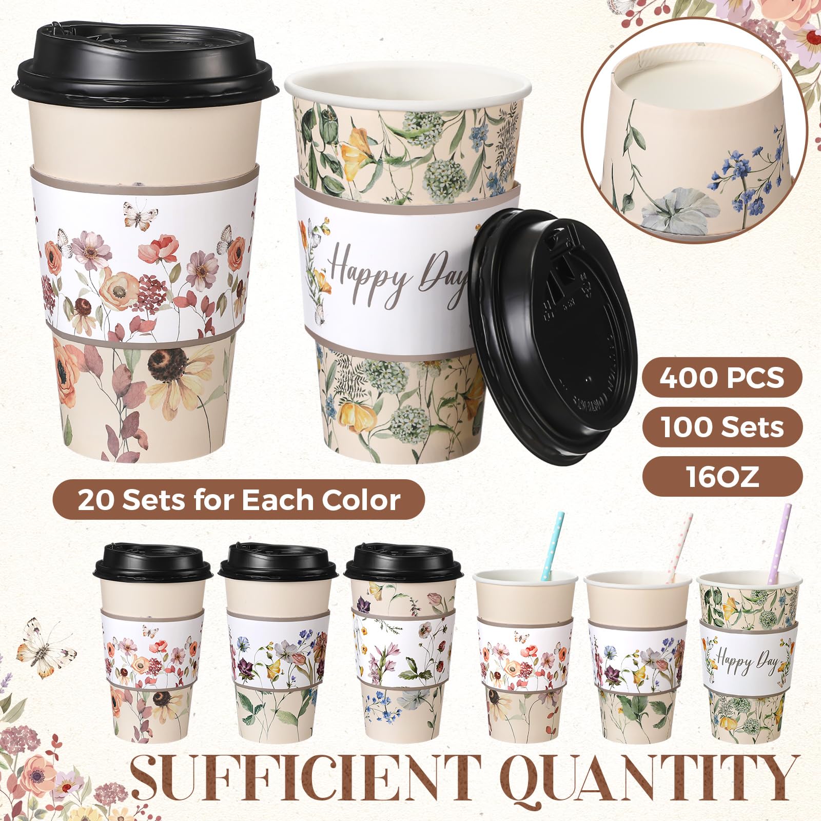 Nuogo 400pcs/100set 16 oz Vintage Floral Disposable Coffee Cups with Lids Sleeves Straws Napkins, Spring/Summer Party Tea Wedding Baby Shower Bulk Paper Cups for Hot Cold Drinks