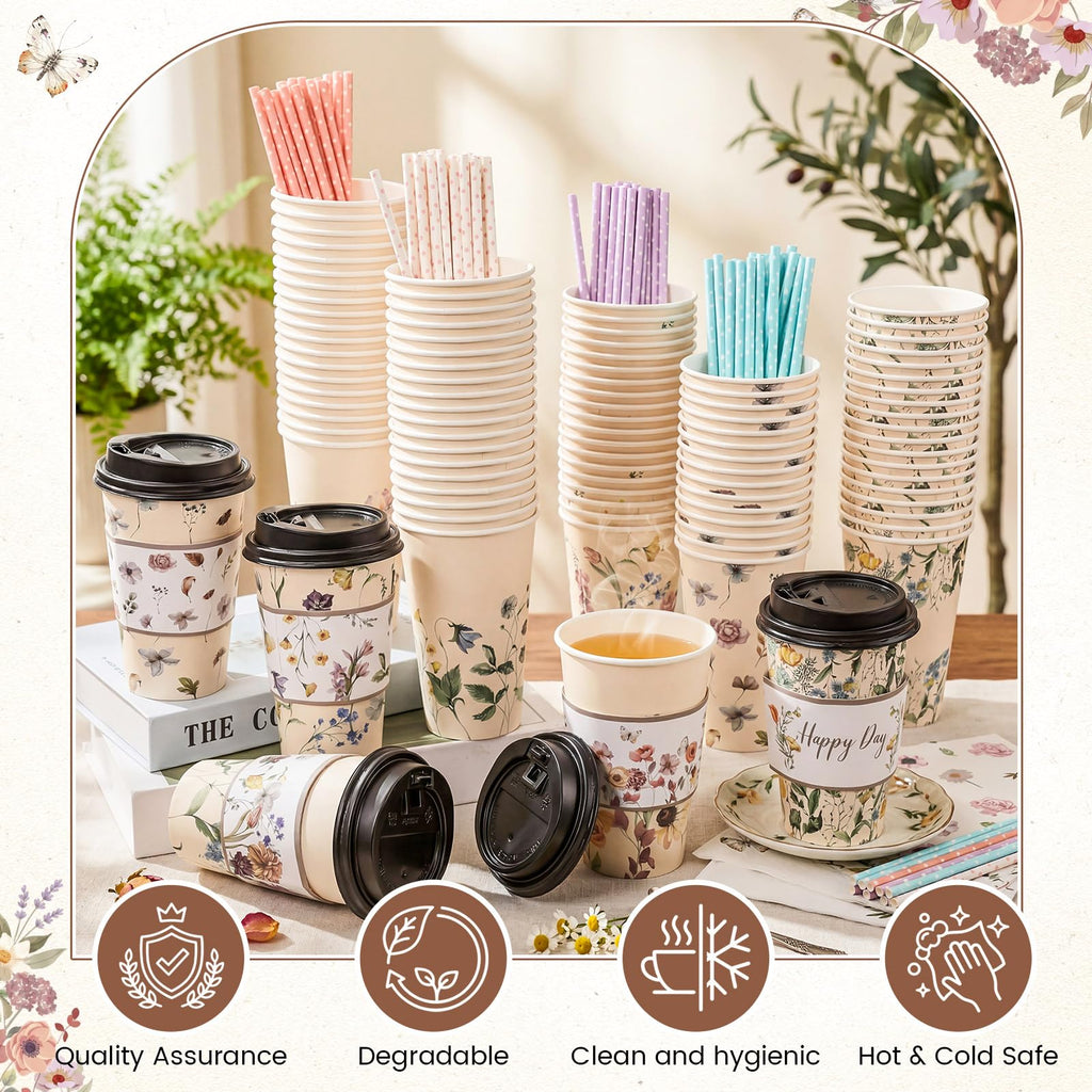 Nuogo 400pcs/100set 16 oz Vintage Floral Disposable Coffee Cups with Lids Sleeves Straws Napkins, Spring/Summer Party Tea Wedding Baby Shower Bulk Paper Cups for Hot Cold Drinks