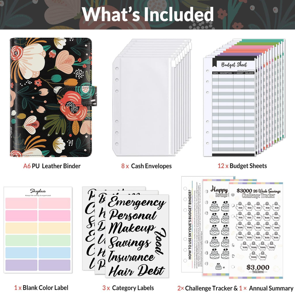 SKYDUE Budget Binder, Money Saving Binder with Zipper Envelopes, Cash Envelopes and Expense Budget Sheets for Budgeting