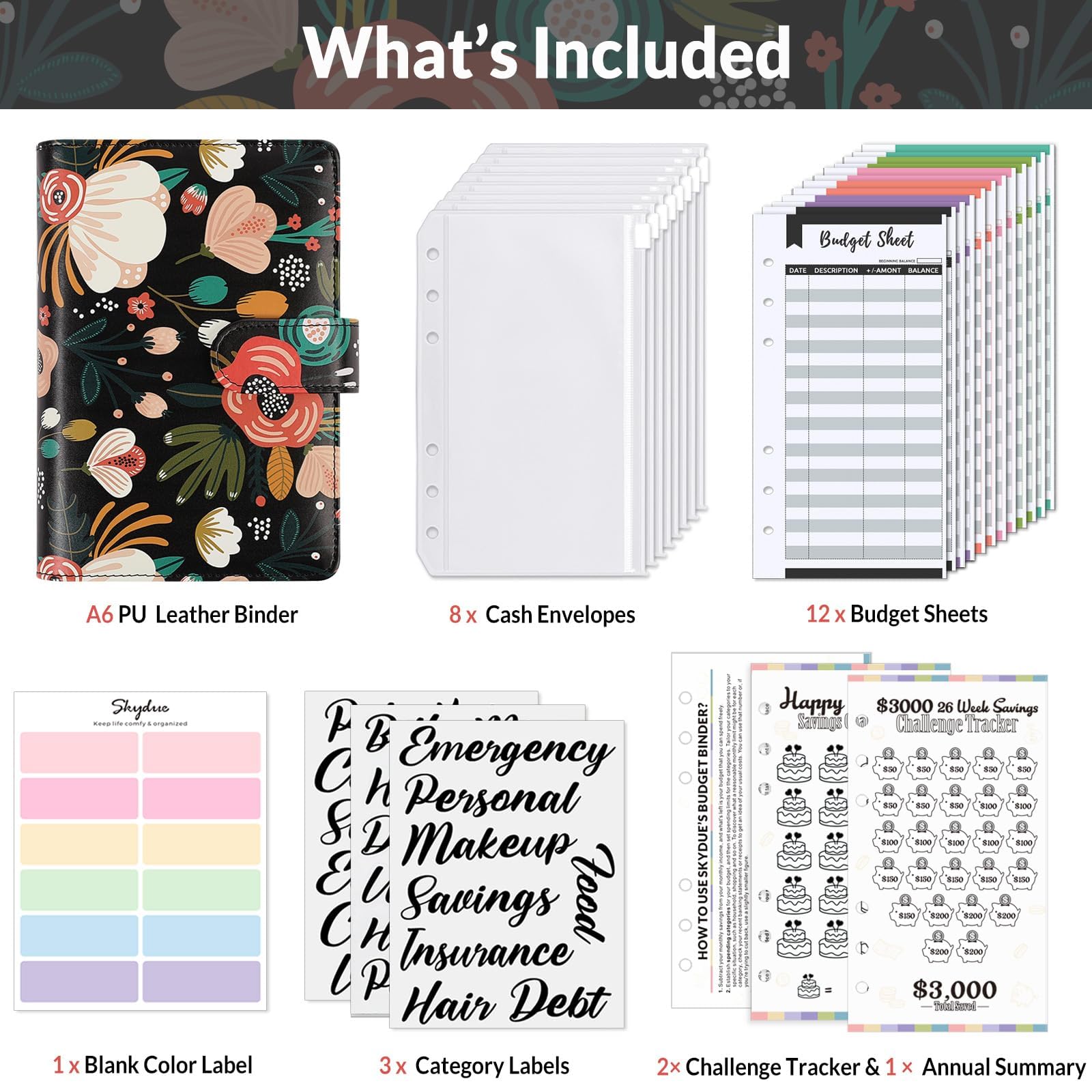 SKYDUE Budget Binder, Money Saving Binder with Zipper Envelopes, Cash Envelopes and Expense Budget Sheets for Budgeting