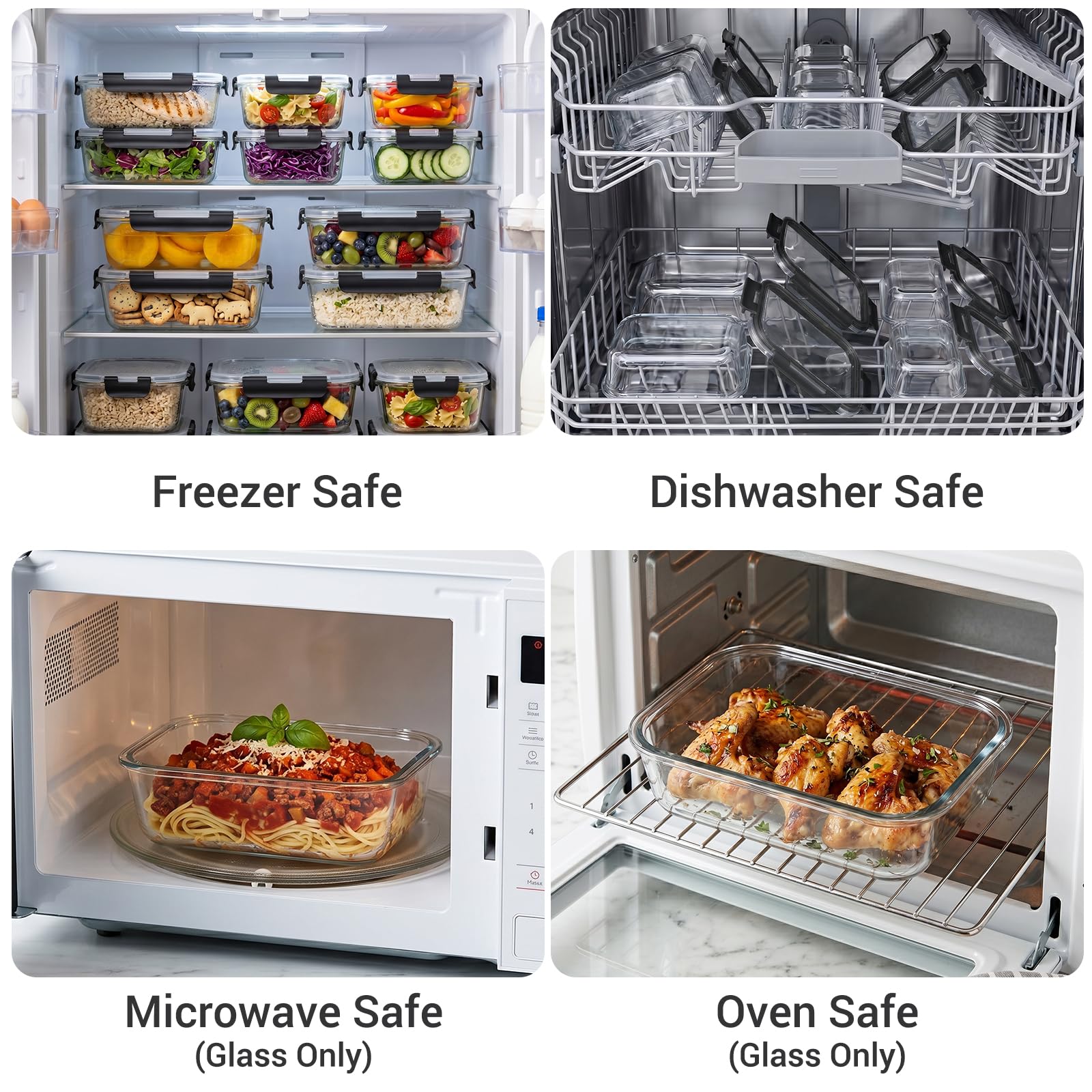 Dealusy 10 Sets (20-Piece) 36 oz & 12 oz Glass Food Storage Containers with lids, Airtight Leak-proof Glass Meal Prep Containers with Lids, Microwave Oven Freezer Dishwasher Safe, Gray