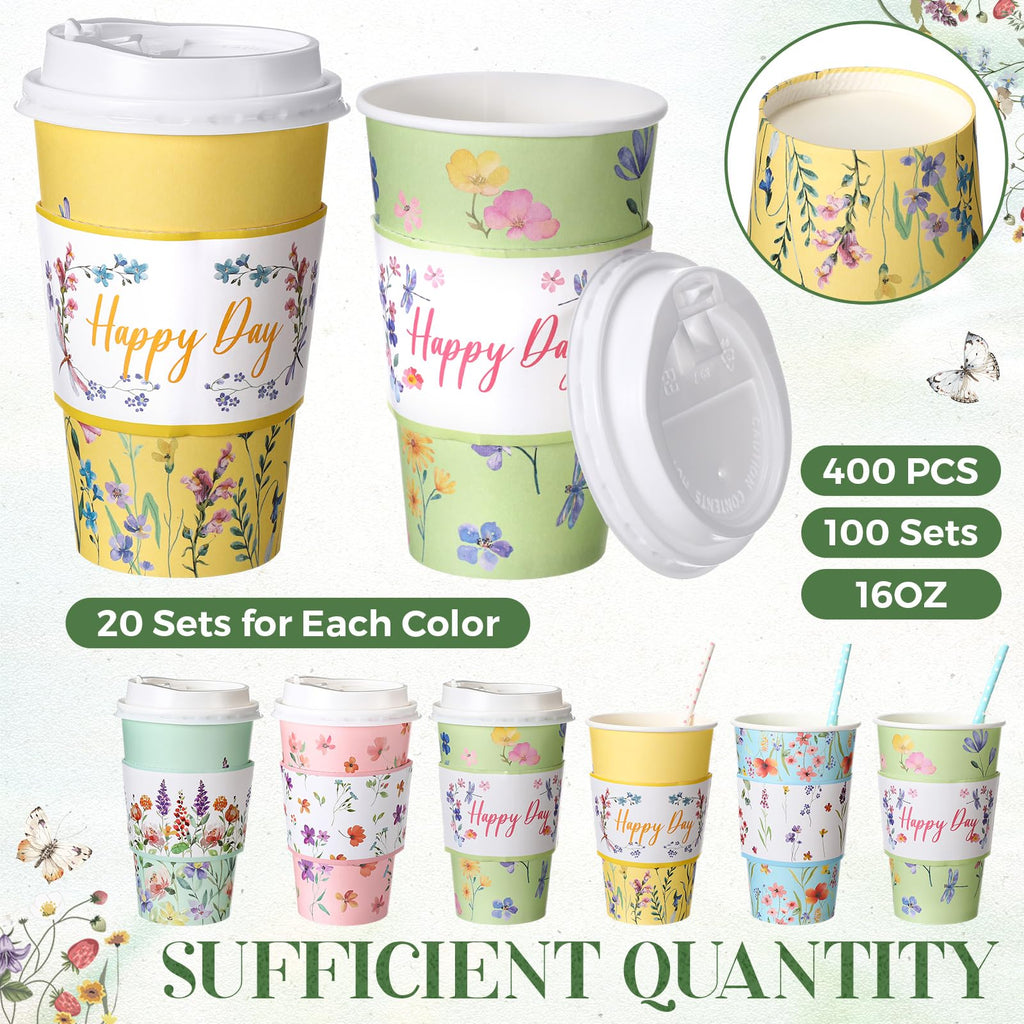 Nuogo 400pcs/100set 16 oz Vintage Floral Disposable Coffee Cups with Lids Sleeves Straws Napkins, Spring/Summer Party Tea Wedding Baby Shower Bulk Paper Cups for Hot Cold Drinks
