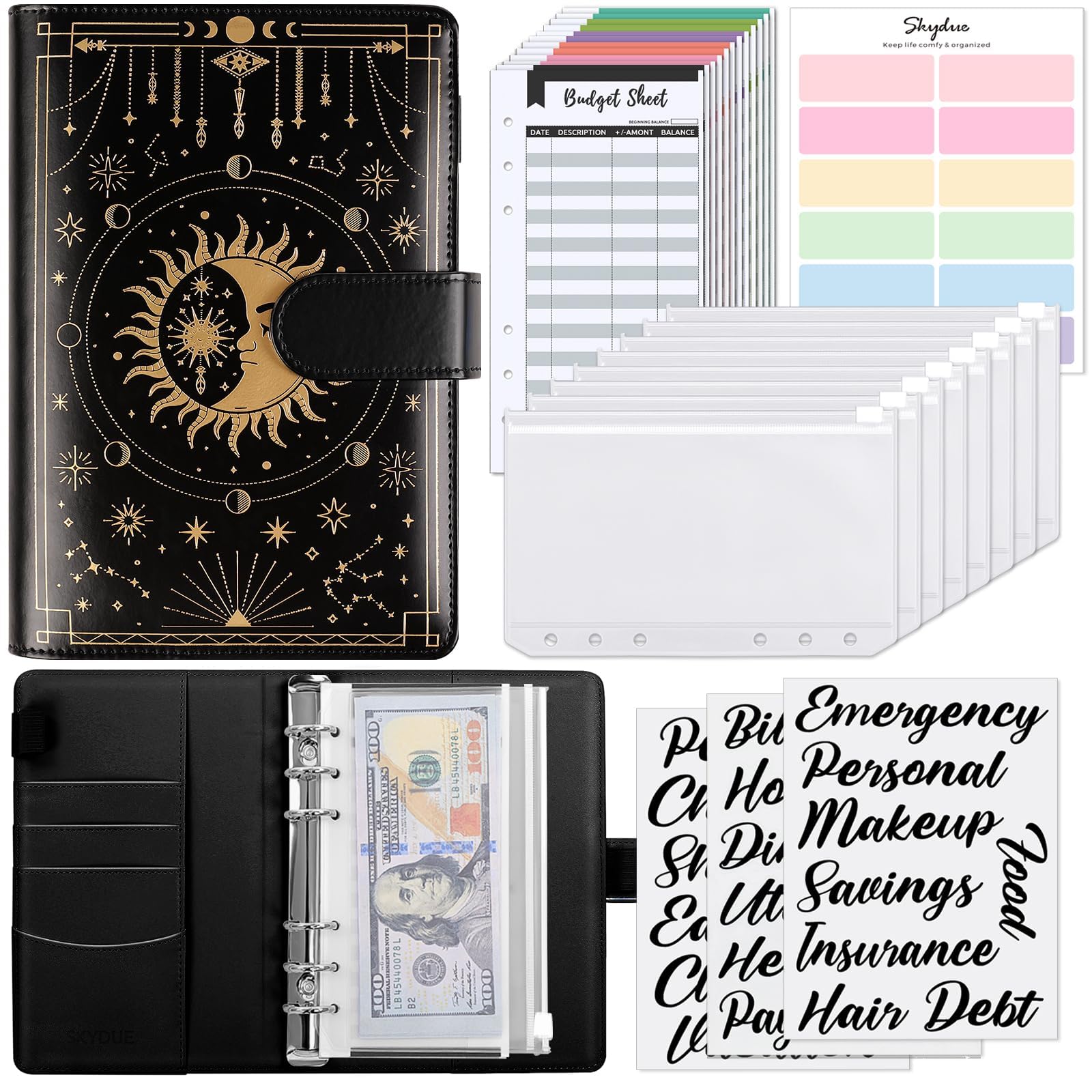 SKYDUE Budget Binder, Money Saving Binder with Zipper Envelopes, Cash Envelopes and Expense Budget Sheets for Budgeting