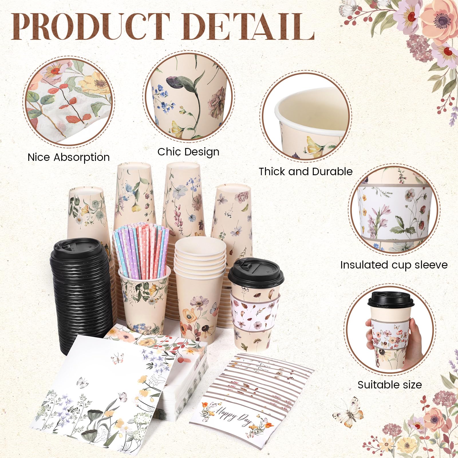 Nuogo 400pcs/100set 16 oz Vintage Floral Disposable Coffee Cups with Lids Sleeves Straws Napkins, Spring/Summer Party Tea Wedding Baby Shower Bulk Paper Cups for Hot Cold Drinks
