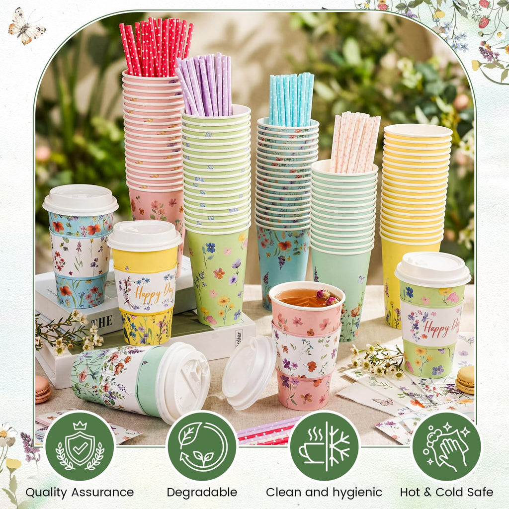 Nuogo 400pcs/100set 16 oz Vintage Floral Disposable Coffee Cups with Lids Sleeves Straws Napkins, Spring/Summer Party Tea Wedding Baby Shower Bulk Paper Cups for Hot Cold Drinks