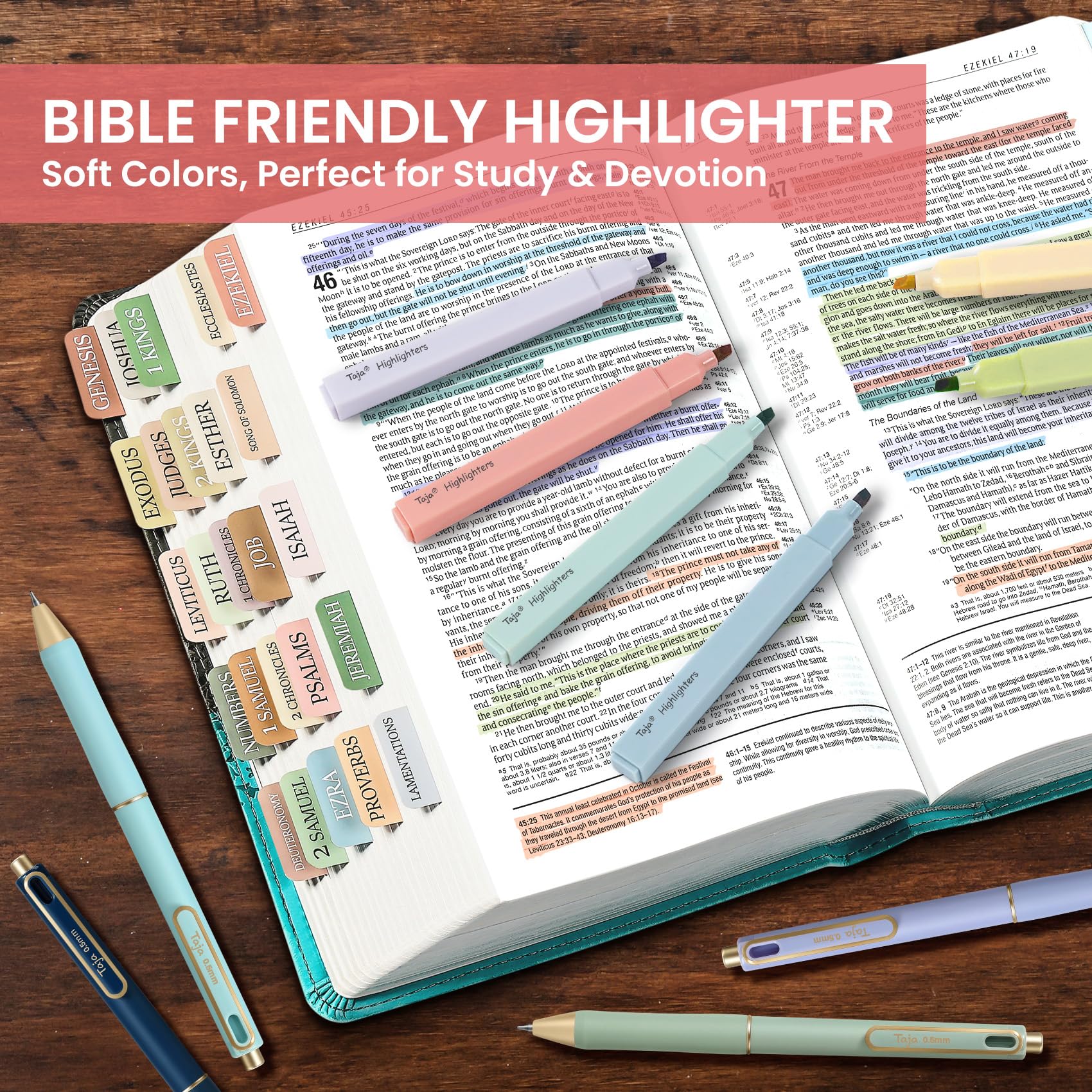 Taja 12 Pack Bible Highlighters and Pens Set No Bleed, 6 Aesthetic Pastel Highlighters and 6 Black Ink Pens for Bible Study, Journaling, School and Office Supplies