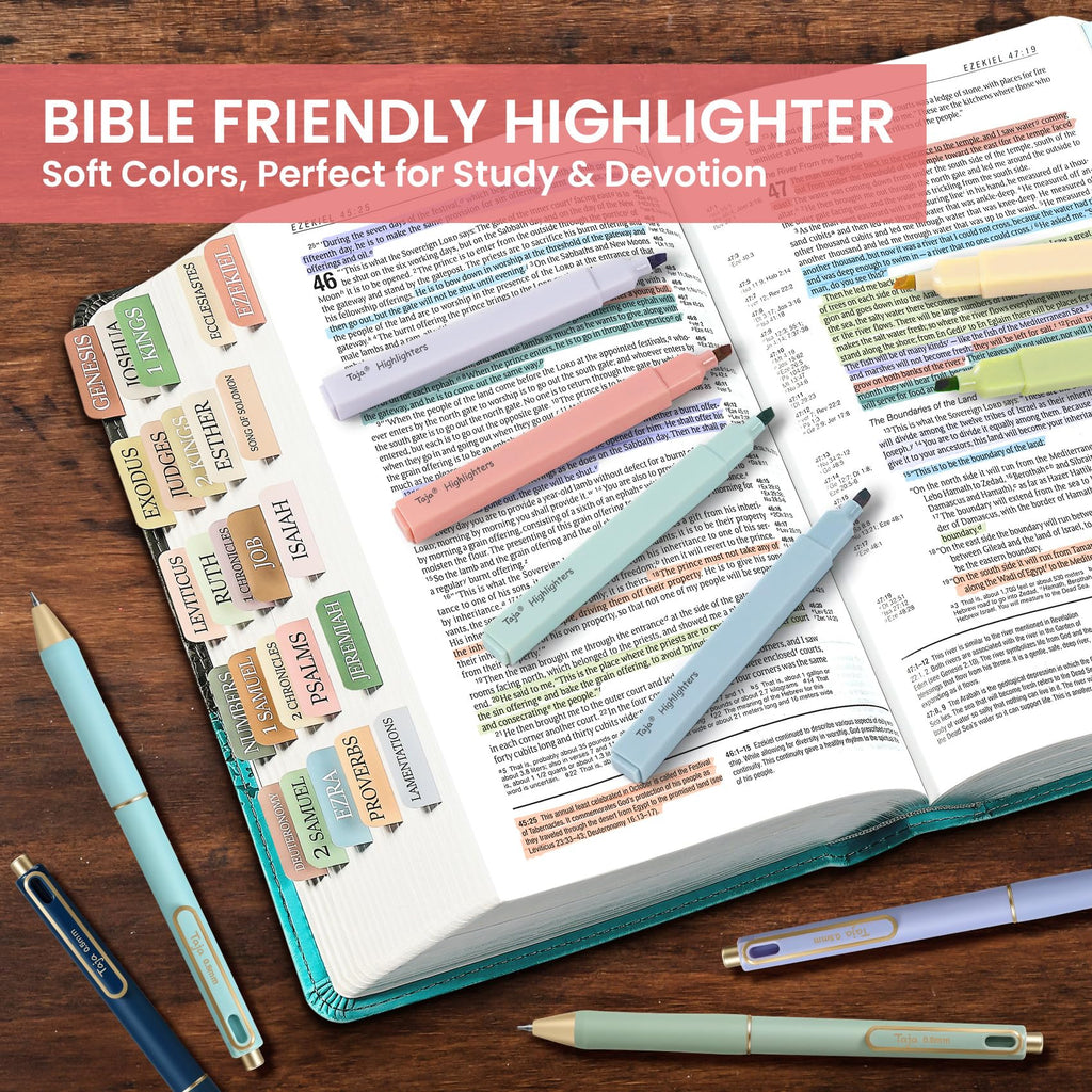 Taja 12 Pack Bible Highlighters and Pens Set No Bleed, 6 Aesthetic Pastel Highlighters and 6 Black Ink Pens for Bible Study, Journaling, School and Office Supplies